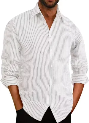 elselect Men's Casual Button-Down Striped Shirts Long Sleeve Collared Cotton Linen Shirts for Men Fashion Business Shirt