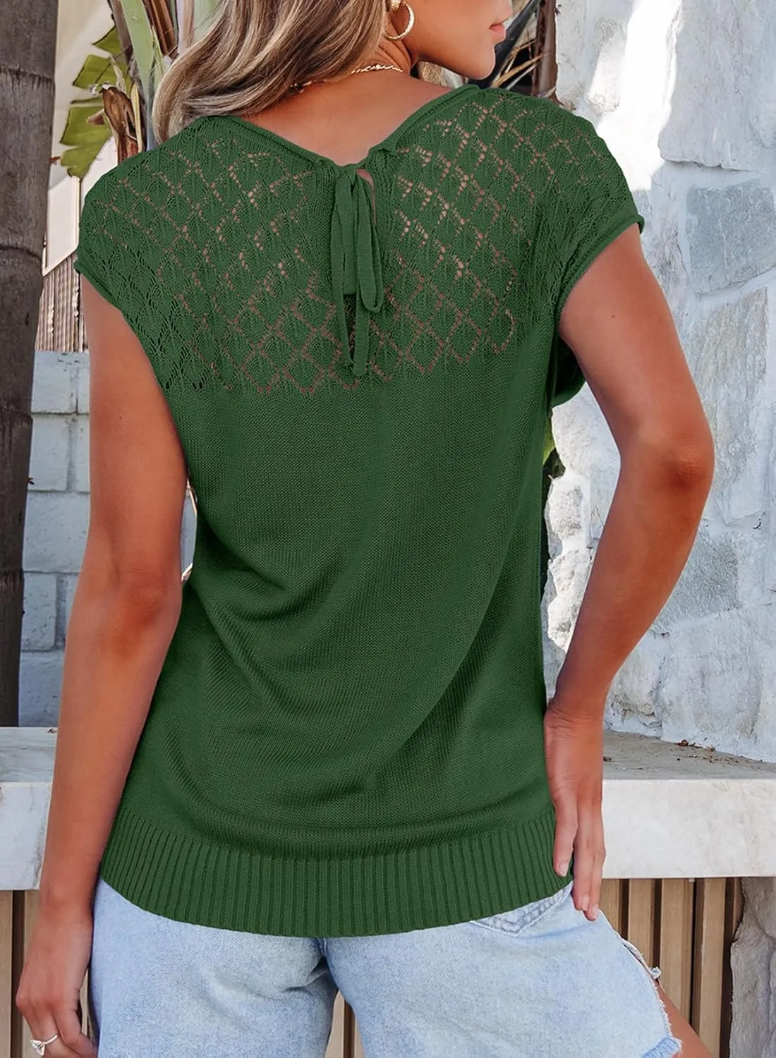 EVALESS Womens Fashion Short Sleeve Sweaters Crewneck Crochet Tops Summer Tie Back Shirts Knit T Shirts Sweater Tops