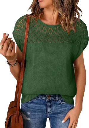EVALESS Womens Fashion Short Sleeve Sweaters Crewneck Crochet Tops Summer Tie Back Shirts Knit T Shirts Sweater Tops