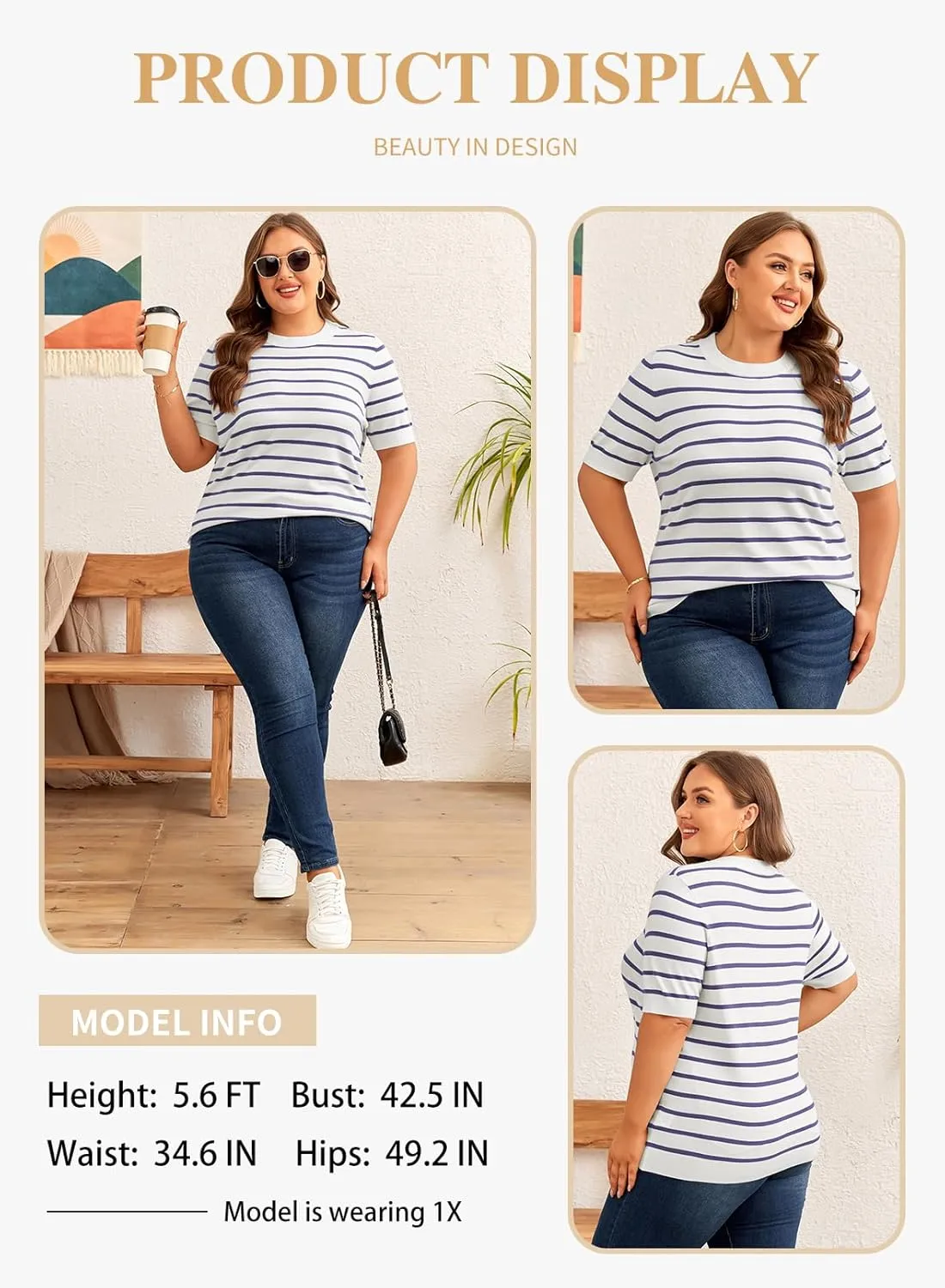 Eytino Women Plus Size Sweater Tops Short Sleeve Crewneck Striped Tshirts Casual Summer Blouses Shirts(1X-5X)