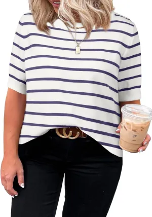 Eytino Women Plus Size Sweater Tops Short Sleeve Crewneck Striped Tshirts Casual Summer Blouses Shirts(1X-5X)