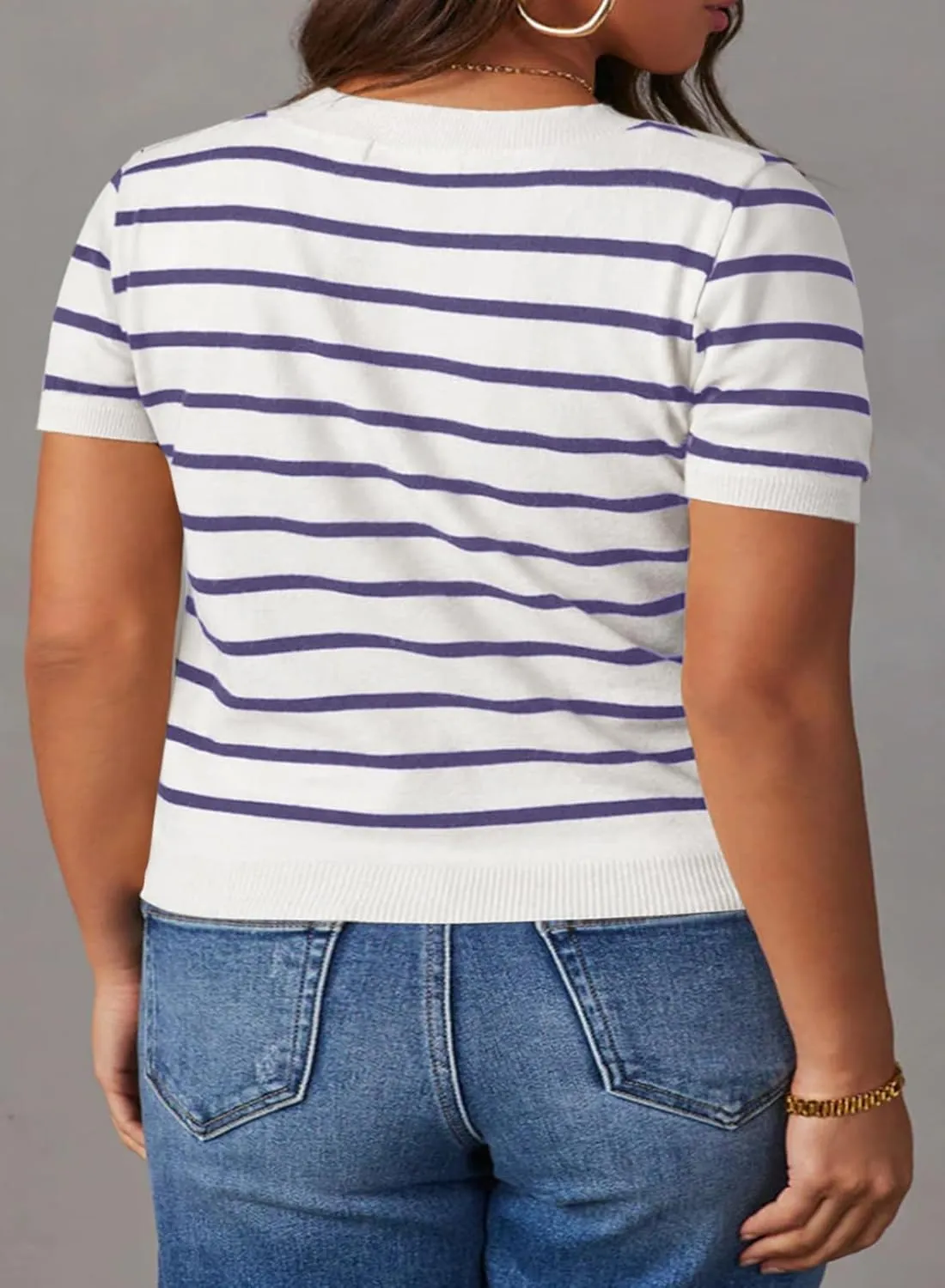 Eytino Women Plus Size Sweater Tops Short Sleeve Crewneck Striped Tshirts Casual Summer Blouses Shirts(1X-5X)