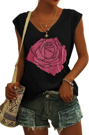 Fazortev Womens Cap Sleeve Blouses Rose Graphic Tees T-Shirt Casual V Neck Tank Tops Loose Fit Summer Basic Shirts