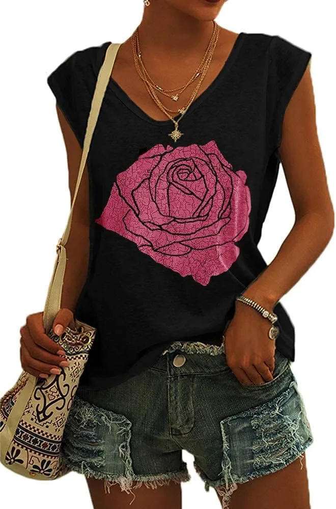 Fazortev Womens Cap Sleeve Blouses Rose Graphic Tees T-Shirt Casual V Neck Tank Tops Loose Fit Summer Basic Shirts