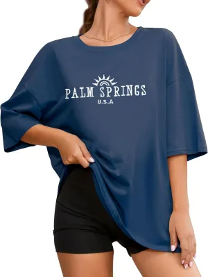 Fenxxxl Womens Round Neck Oversized Tshirts Loose Casual Summer Shirts Junior Tops Boyfriend Graphic Tees