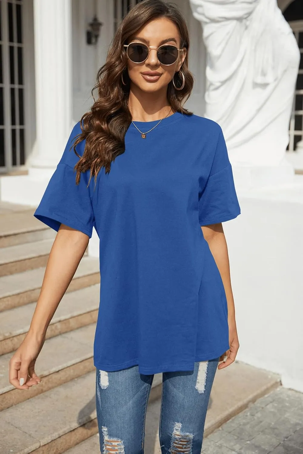 Fisoew Women's Oversized T Shirts Tees Half Sleeve Crew Neck Cotton Tunic Tops