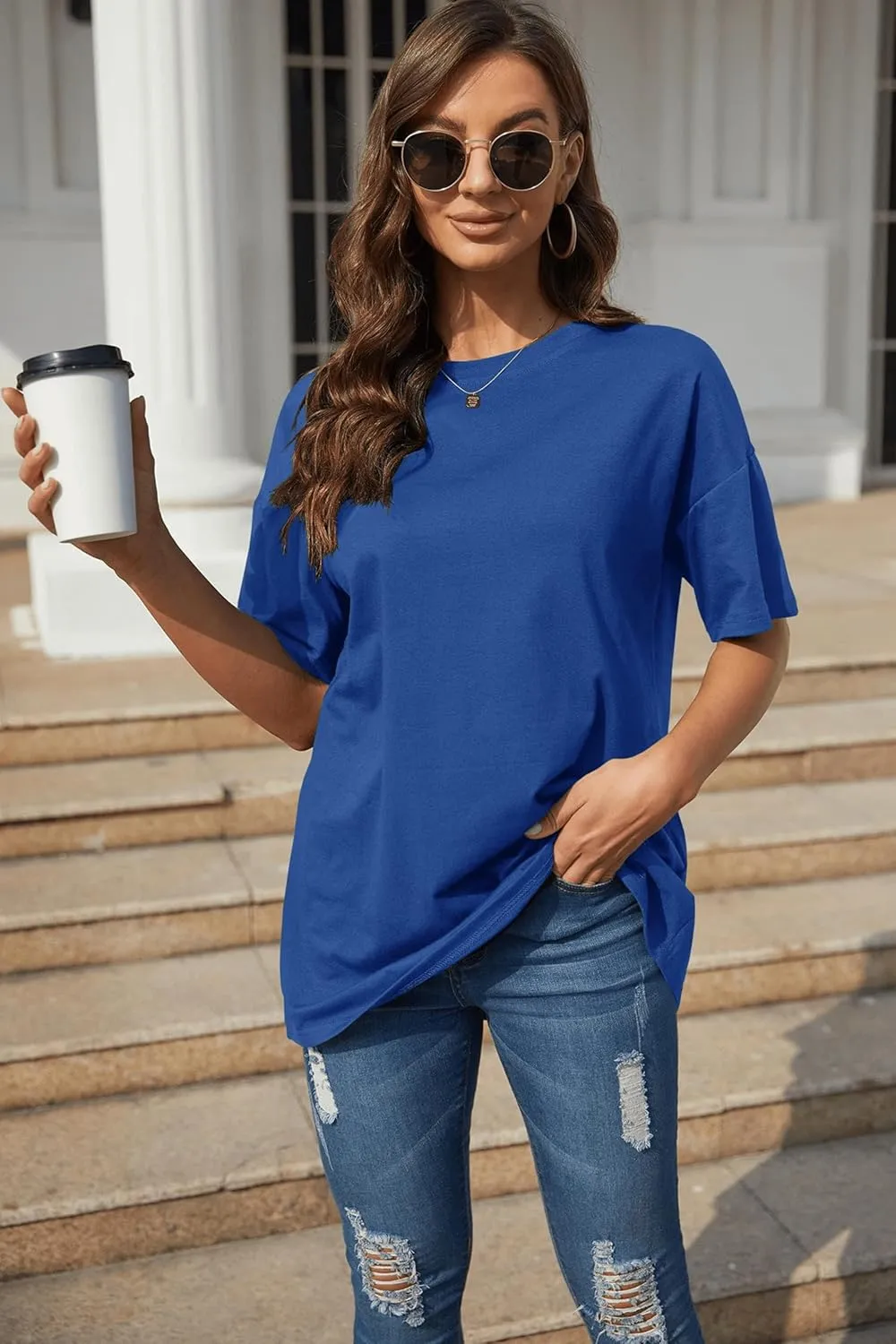 Fisoew Women's Oversized T Shirts Tees Half Sleeve Crew Neck Cotton Tunic Tops