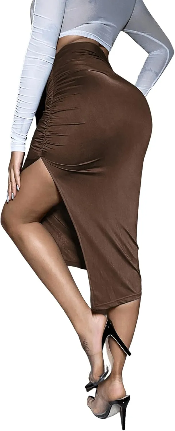 Floerns Women's Solid High Waisted Ruched Split Thigh Bodycon Midi Skirt