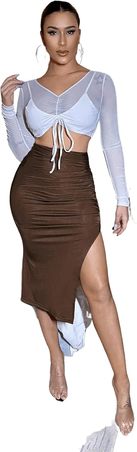 Floerns Women's Solid High Waisted Ruched Split Thigh Bodycon Midi Skirt