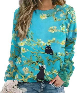 Flower Womens Oversized Sweatshirt Black Cat Graphic Crewneck Sweatshirt for Women Long Sleeve Casual Loose Fit Womens Graphic Sweatshirt Pullover Tops Shirts Almond Blossoms Cat Oil Painting XL