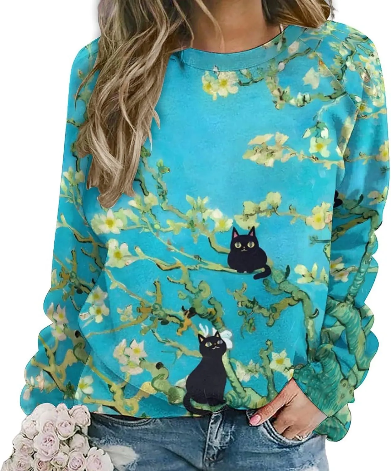 Flower Womens Oversized Sweatshirt Black Cat Graphic Crewneck Sweatshirt for Women Long Sleeve Casual Loose Fit Womens Graphic Sweatshirt Pullover Tops Shirts Almond Blossoms Cat Oil Painting XL
