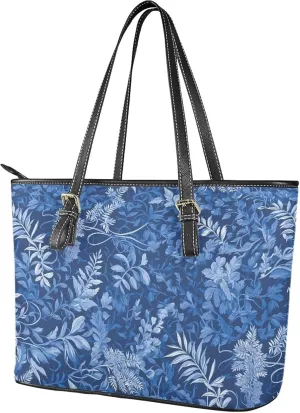 Flowers Soft Leather Tote Bag for Women Handbag Purse, Coastal Style Faux Leather Zipper Travel Tote Bag 13.5 Inch