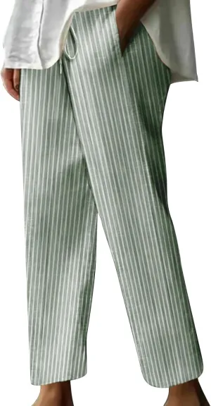 FZYLQY Womens Cotton Linen Pants Fashion Striped Loose Lounge Pants Summer Trendy Lightweight Breathable Beach Trousers