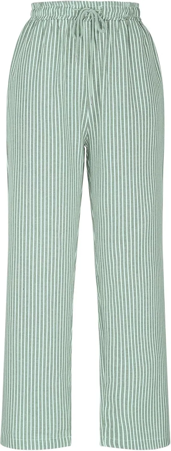 FZYLQY Womens Cotton Linen Pants Fashion Striped Loose Lounge Pants Summer Trendy Lightweight Breathable Beach Trousers