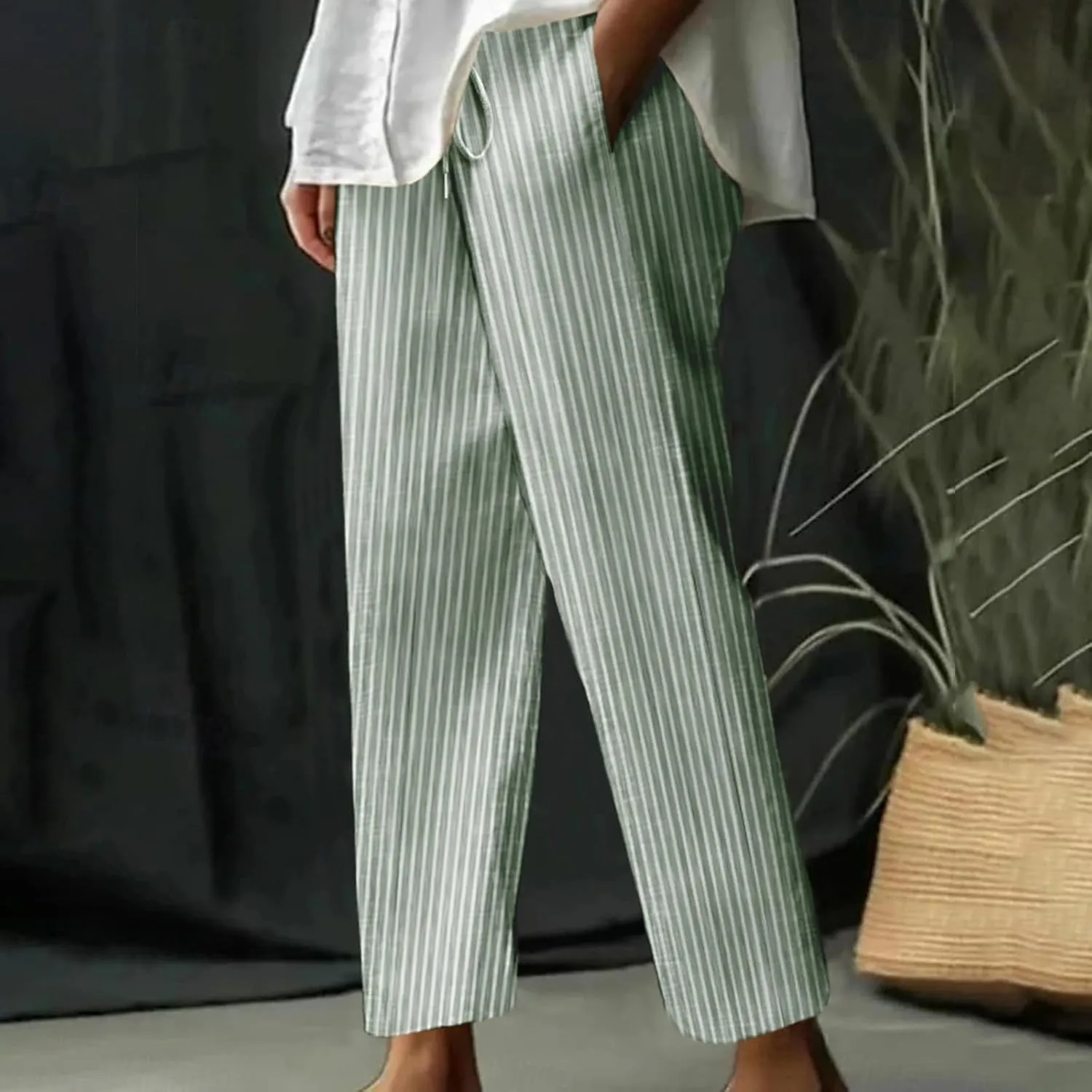 FZYLQY Womens Cotton Linen Pants Fashion Striped Loose Lounge Pants Summer Trendy Lightweight Breathable Beach Trousers