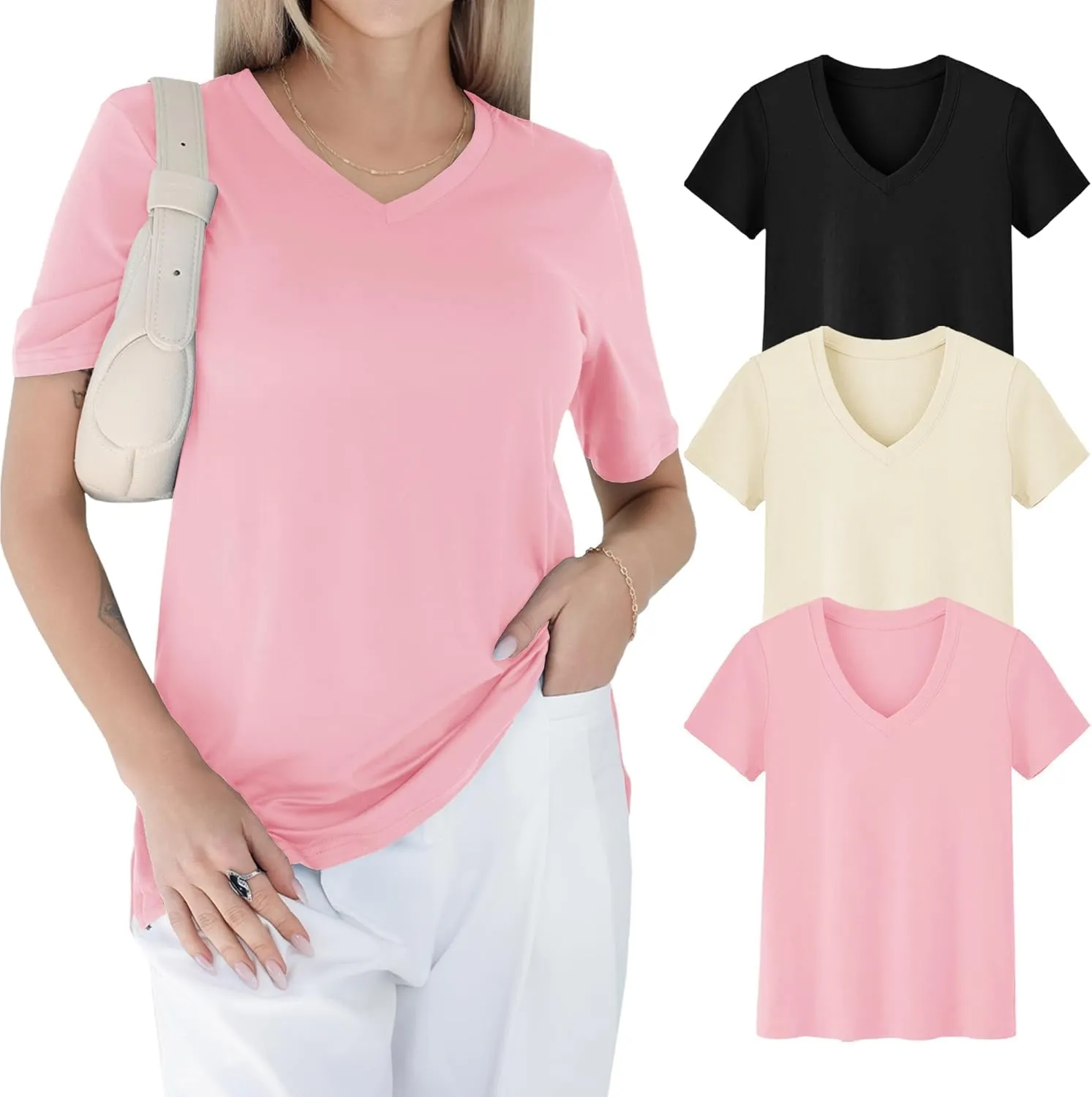GAYHAY 3 Pack V Neck T Shirts for Women - Casual Loose Fit Spring Summer Tops Trendy Soft Short Sleeve Basics Tees 2025