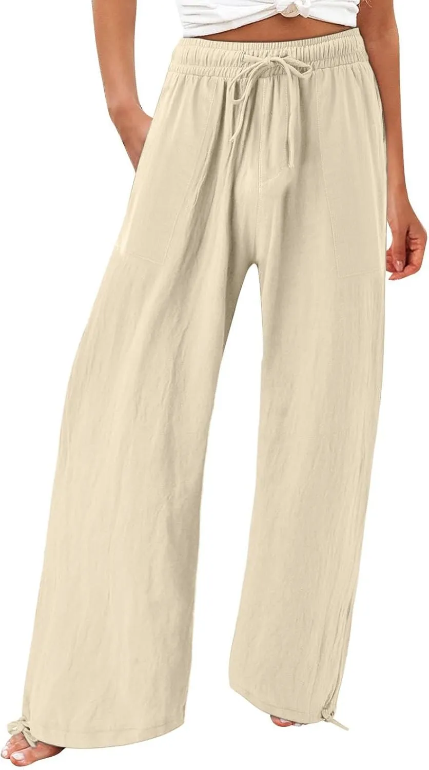 GIERIDUC Womens Linen Pants 2025 Summer Casual Loose Wide Leg Palazzo Pants Business Smocked High Waist Flowy Beach Trousers