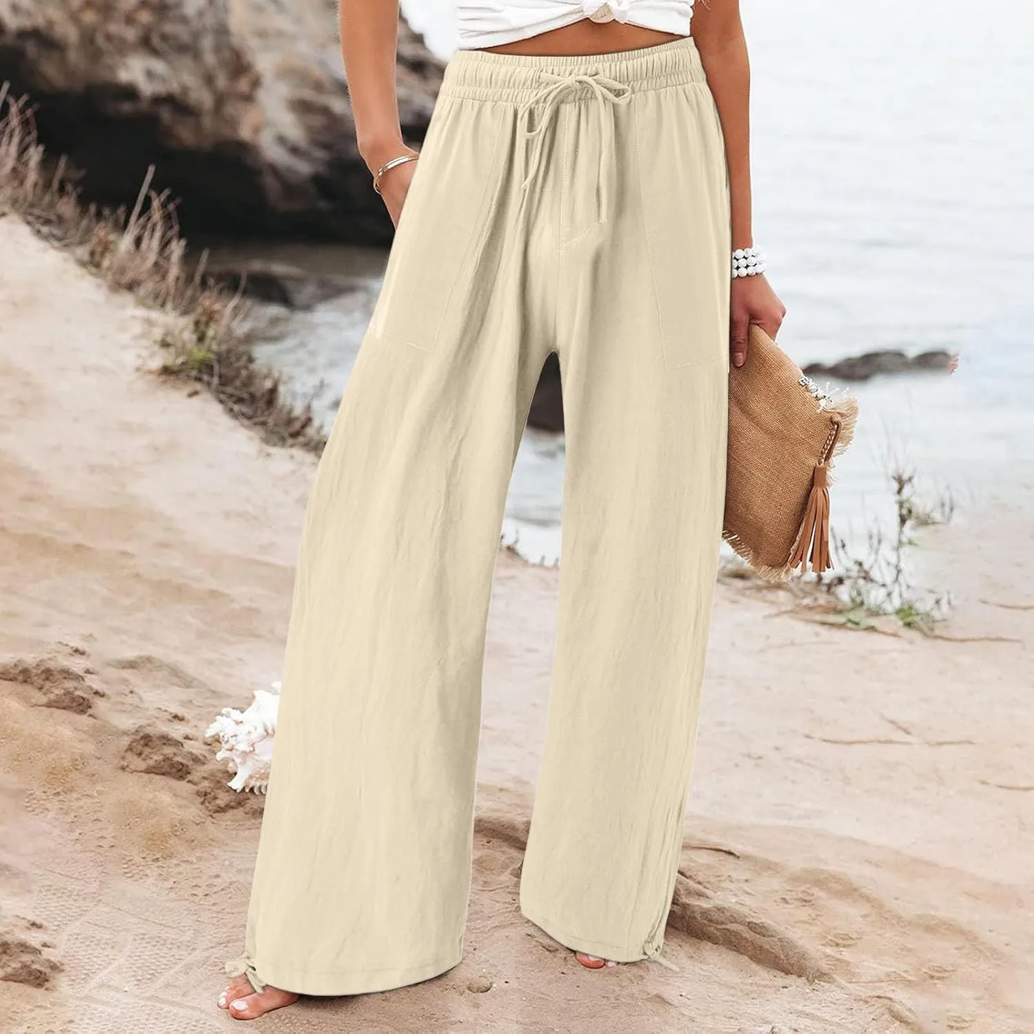 GIERIDUC Womens Linen Pants 2025 Summer Casual Loose Wide Leg Palazzo Pants Business Smocked High Waist Flowy Beach Trousers