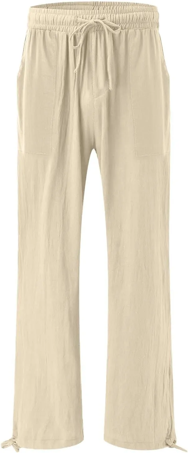 GIERIDUC Womens Linen Pants 2025 Summer Casual Loose Wide Leg Palazzo Pants Business Smocked High Waist Flowy Beach Trousers