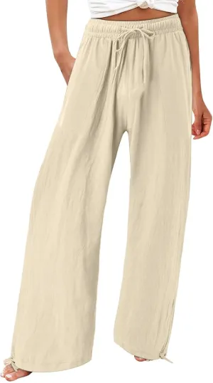 GIERIDUC Womens Linen Pants 2025 Summer Casual Loose Wide Leg Palazzo Pants Business Smocked High Waist Flowy Beach Trousers