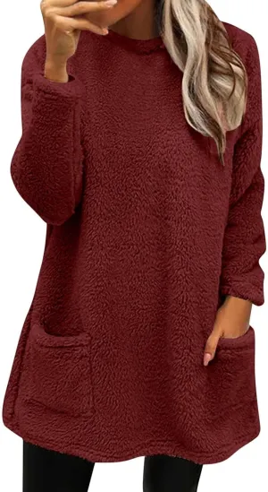 GIERIDUC Women's Oversized Sweaters 2024 Fall Fuzzy Warm Long Pullover Pockets Crewneck Long Sleeve Tunic Tops for Leggings