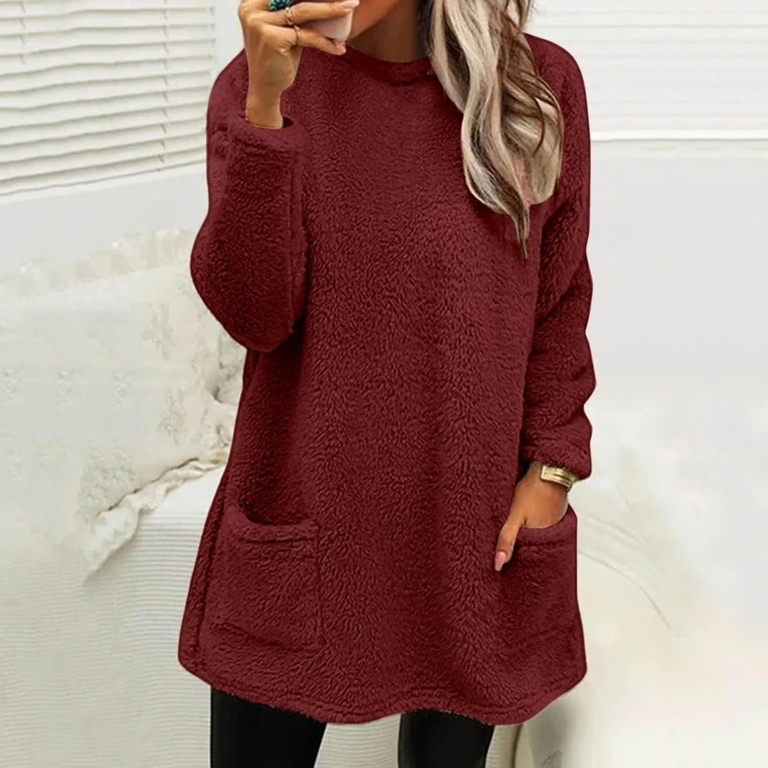 GIERIDUC Women's Oversized Sweaters 2024 Fall Fuzzy Warm Long Pullover Pockets Crewneck Long Sleeve Tunic Tops for Leggings