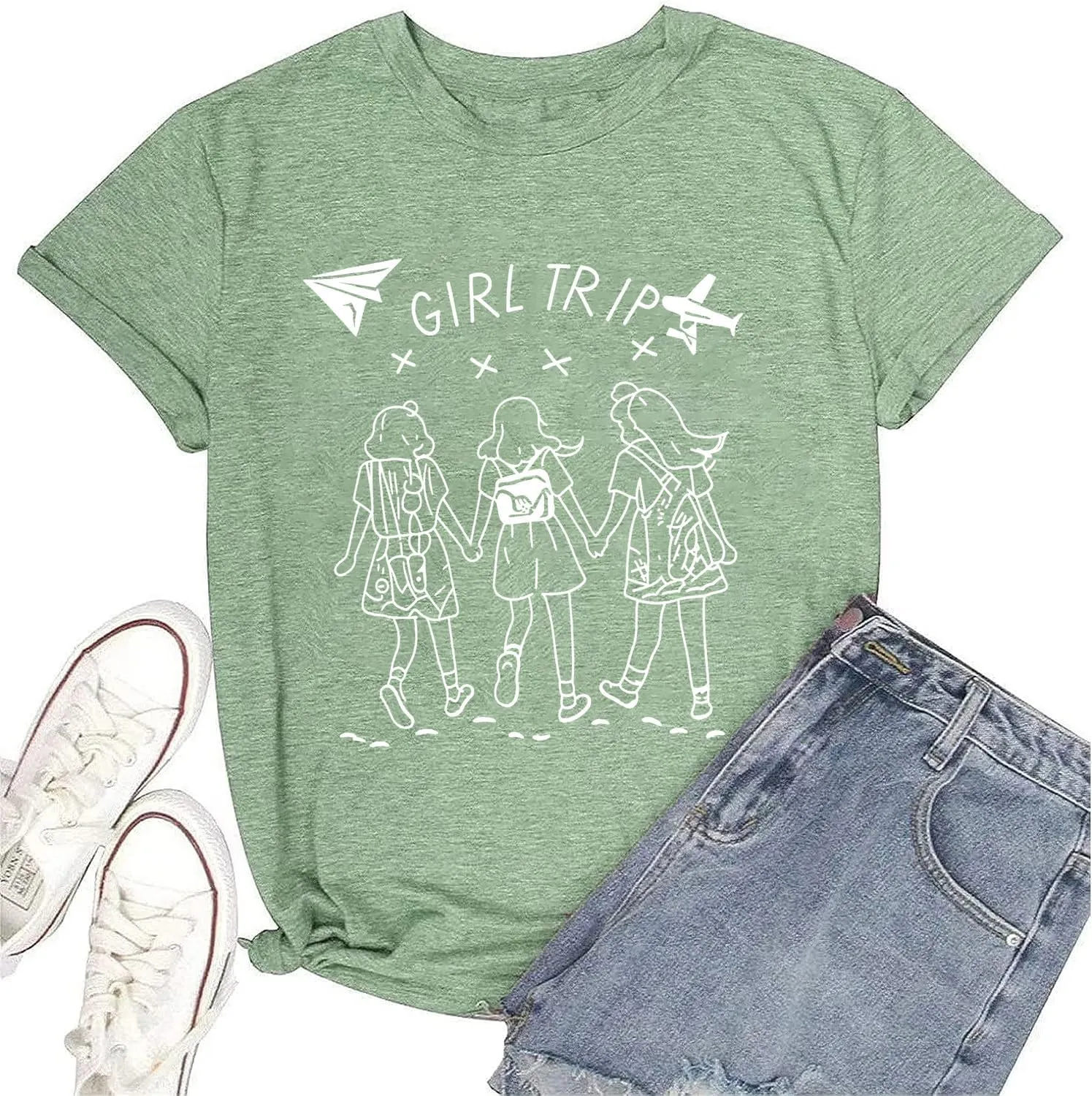 Girls Trip Shirts for Women Plane Travel Graphic Tees Girls Vacation Shirts Letter Print Hiking Short Sleeve Top