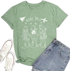 Girls Trip Shirts for Women Plane Travel Graphic Tees Girls Vacation Shirts Letter Print Hiking Short Sleeve Top