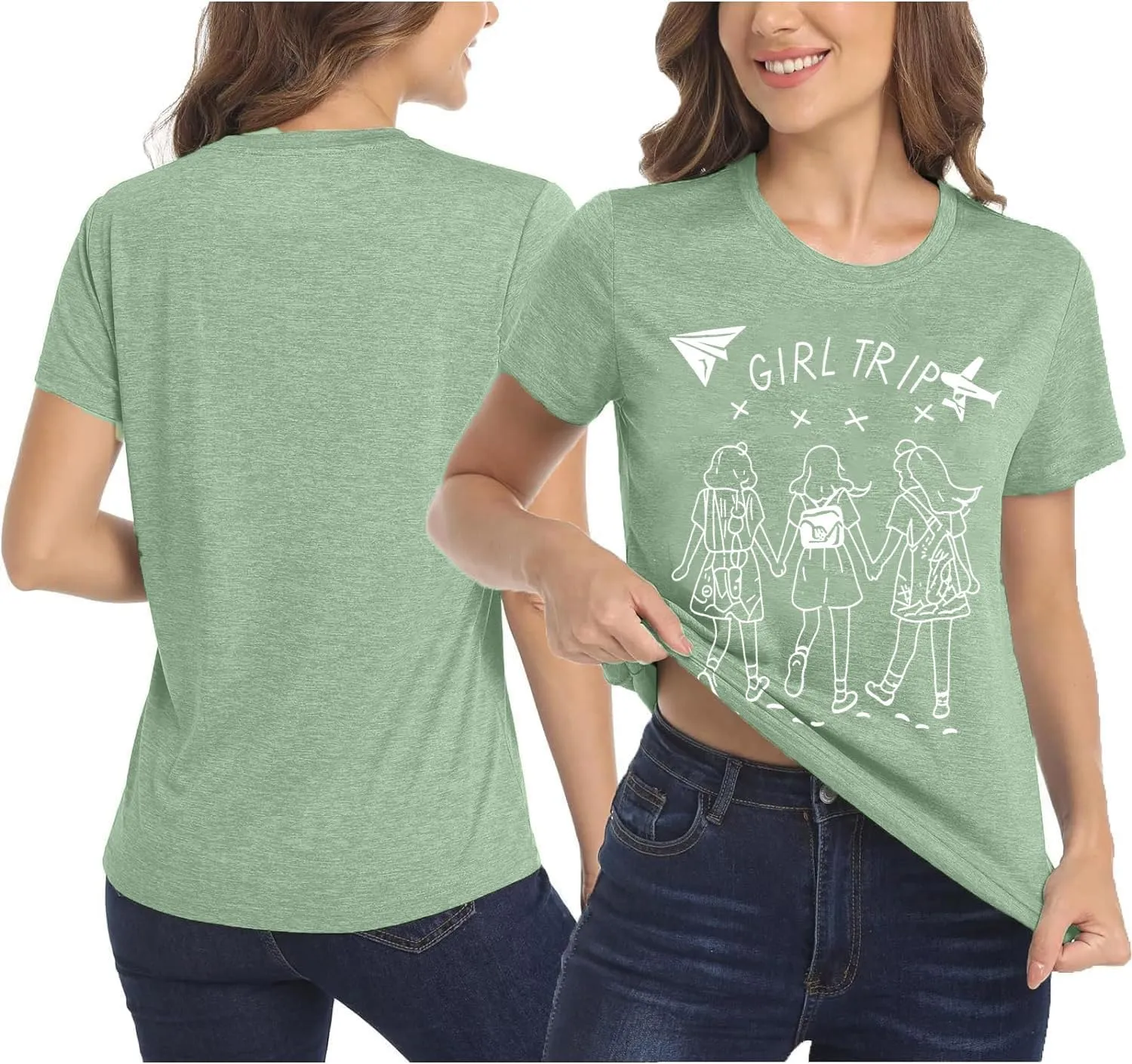Girls Trip Shirts for Women Plane Travel Graphic Tees Girls Vacation Shirts Letter Print Hiking Short Sleeve Top