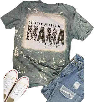 Glitter & Dirt Mama of Both T-Shirt Women Camouflage Leopard Graphic Mom Tees Vintage Bleached Letter Print Tops