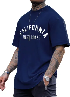 GORGLITTER Men's Letter Graphic Drop Shoulder T-Shirt Short Sleeve Mock Neck Tees