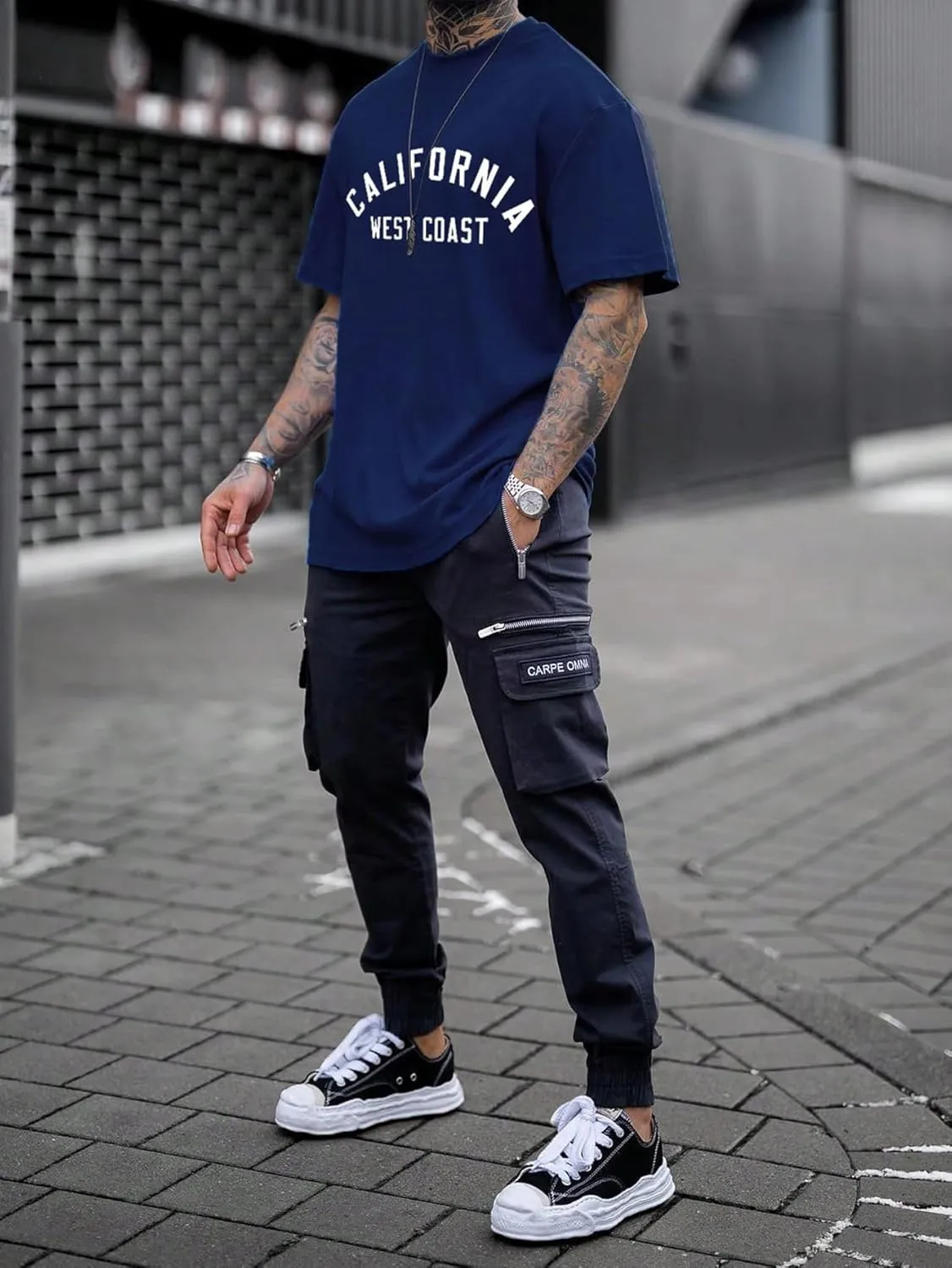 GORGLITTER Men's Letter Graphic Drop Shoulder T-Shirt Short Sleeve Mock Neck Tees