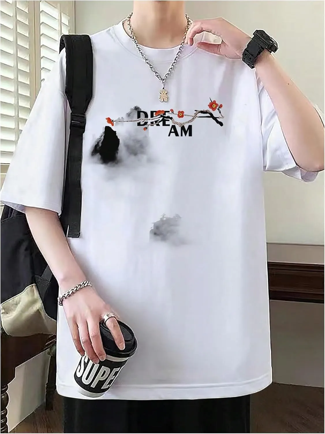 GORGLITTER Men's Oversized Graphic Floral Tees Japanese Print Short Sleeve T Shirt Tops