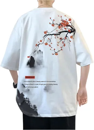 GORGLITTER Men's Oversized Graphic Floral Tees Japanese Print Short Sleeve T Shirt Tops