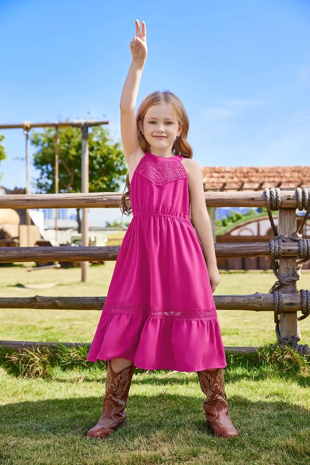 GRACE KARIN Girls Dresses Summer Spring Halter Maxi Dress Kids Ruffle Casual Flower Pleated Sun Dress Size 5-14