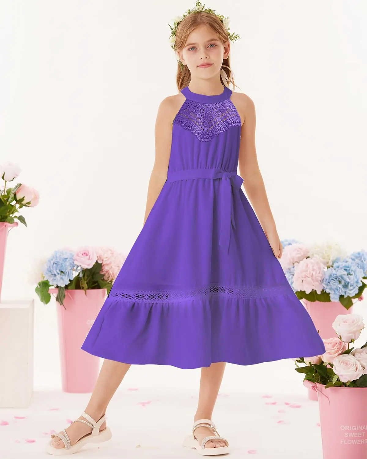 GRACE KARIN Girls Dresses Summer Spring Halter Maxi Dress Kids Ruffle Casual Flower Pleated Sun Dress Size 5-14