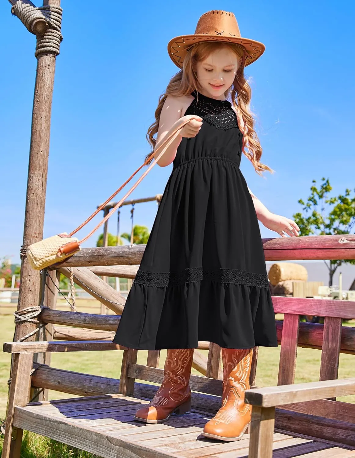 GRACE KARIN Girls Dresses Summer Spring Halter Maxi Dress Kids Ruffle Casual Flower Pleated Sun Dress Size 5-14
