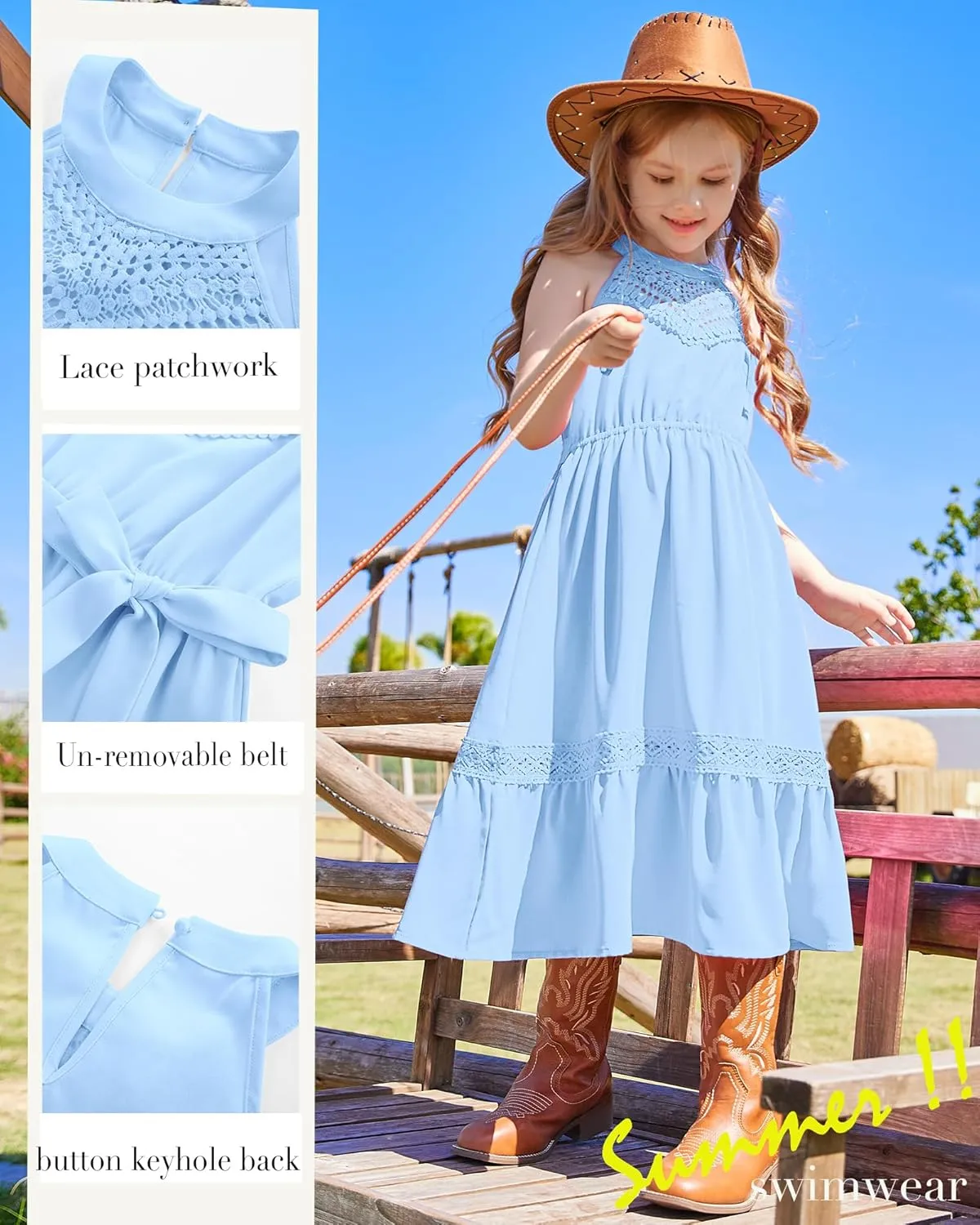 GRACE KARIN Girls Dresses Summer Spring Halter Maxi Dress Kids Ruffle Casual Flower Pleated Sun Dress Size 5-14