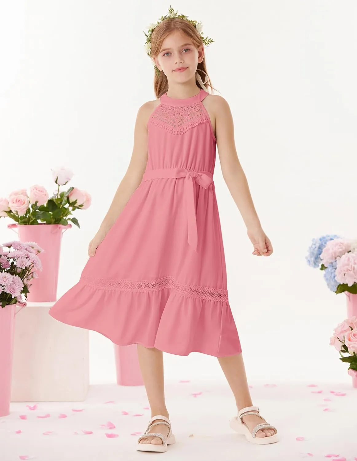 GRACE KARIN Girls Dresses Summer Spring Halter Maxi Dress Kids Ruffle Casual Flower Pleated Sun Dress Size 5-14