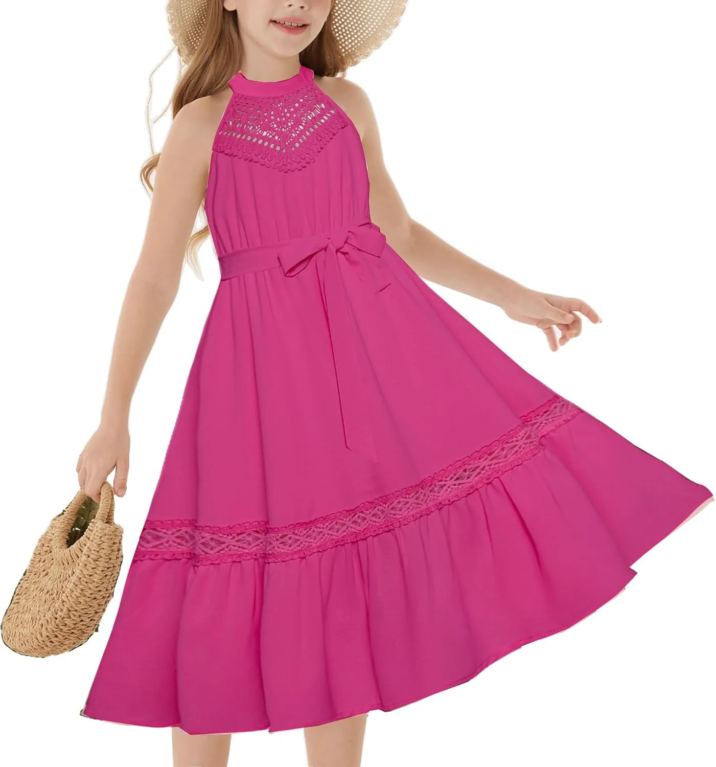 GRACE KARIN Girls Dresses Summer Spring Halter Maxi Dress Kids Ruffle Casual Flower Pleated Sun Dress Size 5-14