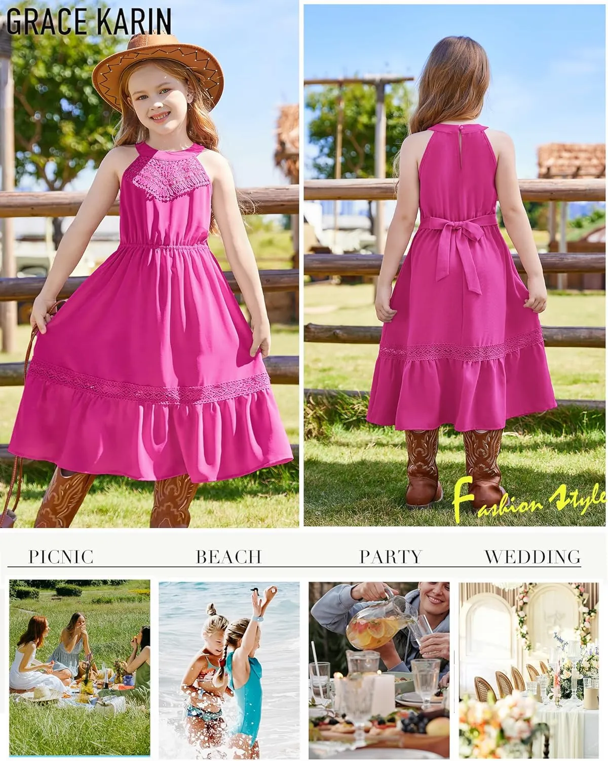 GRACE KARIN Girls Dresses Summer Spring Halter Maxi Dress Kids Ruffle Casual Flower Pleated Sun Dress Size 5-14