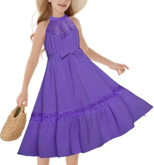 GRACE KARIN Girls Dresses Summer Spring Halter Maxi Dress Kids Ruffle Casual Flower Pleated Sun Dress Size 5-14