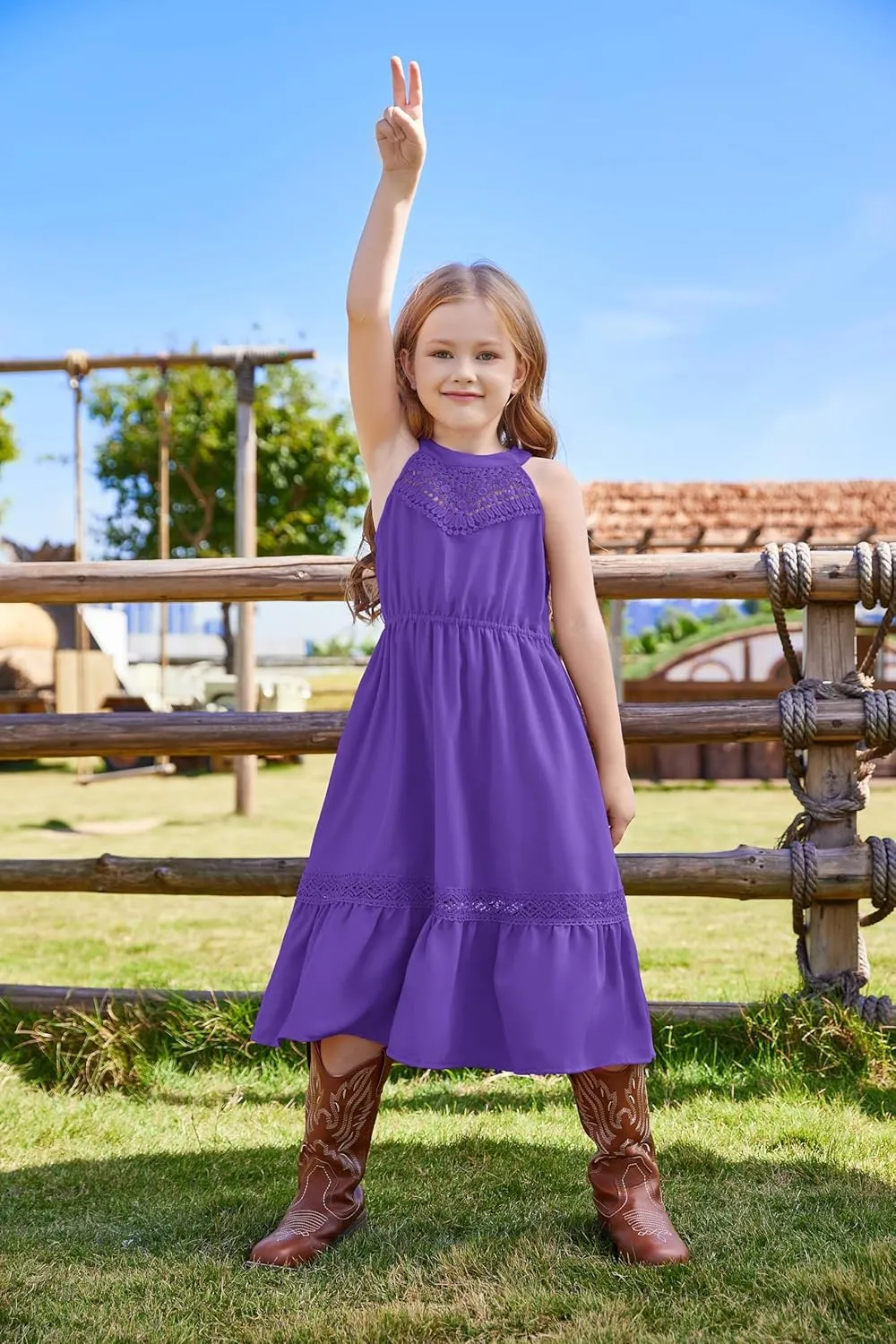 GRACE KARIN Girls Dresses Summer Spring Halter Maxi Dress Kids Ruffle Casual Flower Pleated Sun Dress Size 5-14