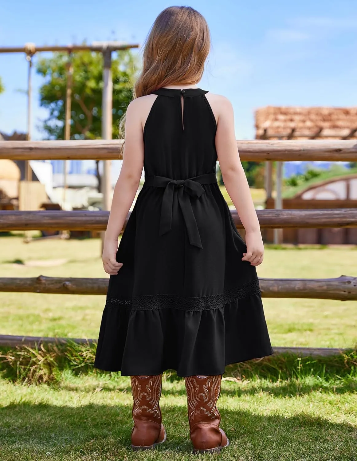GRACE KARIN Girls Dresses Summer Spring Halter Maxi Dress Kids Ruffle Casual Flower Pleated Sun Dress Size 5-14