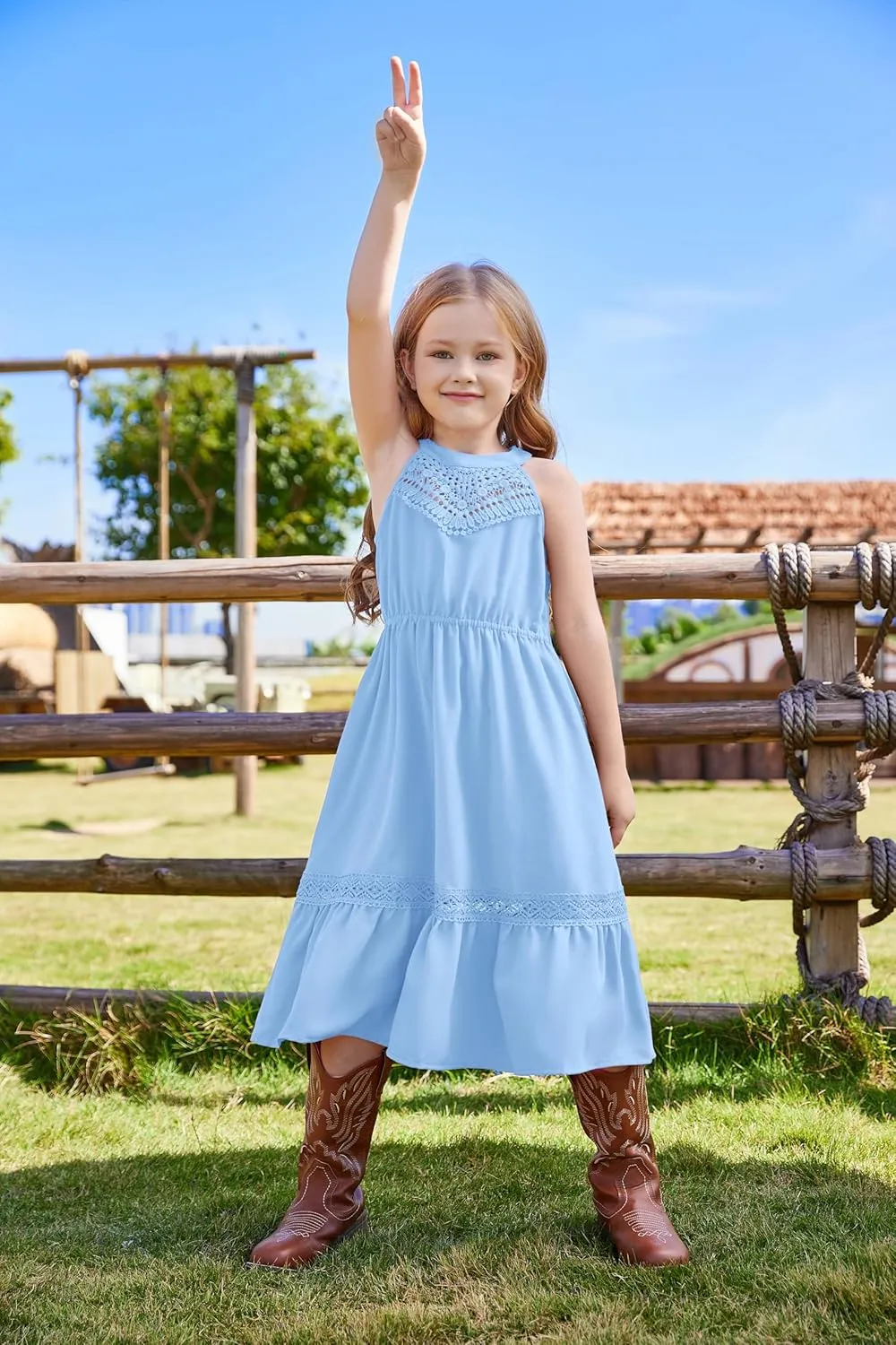 GRACE KARIN Girls Dresses Summer Spring Halter Maxi Dress Kids Ruffle Casual Flower Pleated Sun Dress Size 5-14