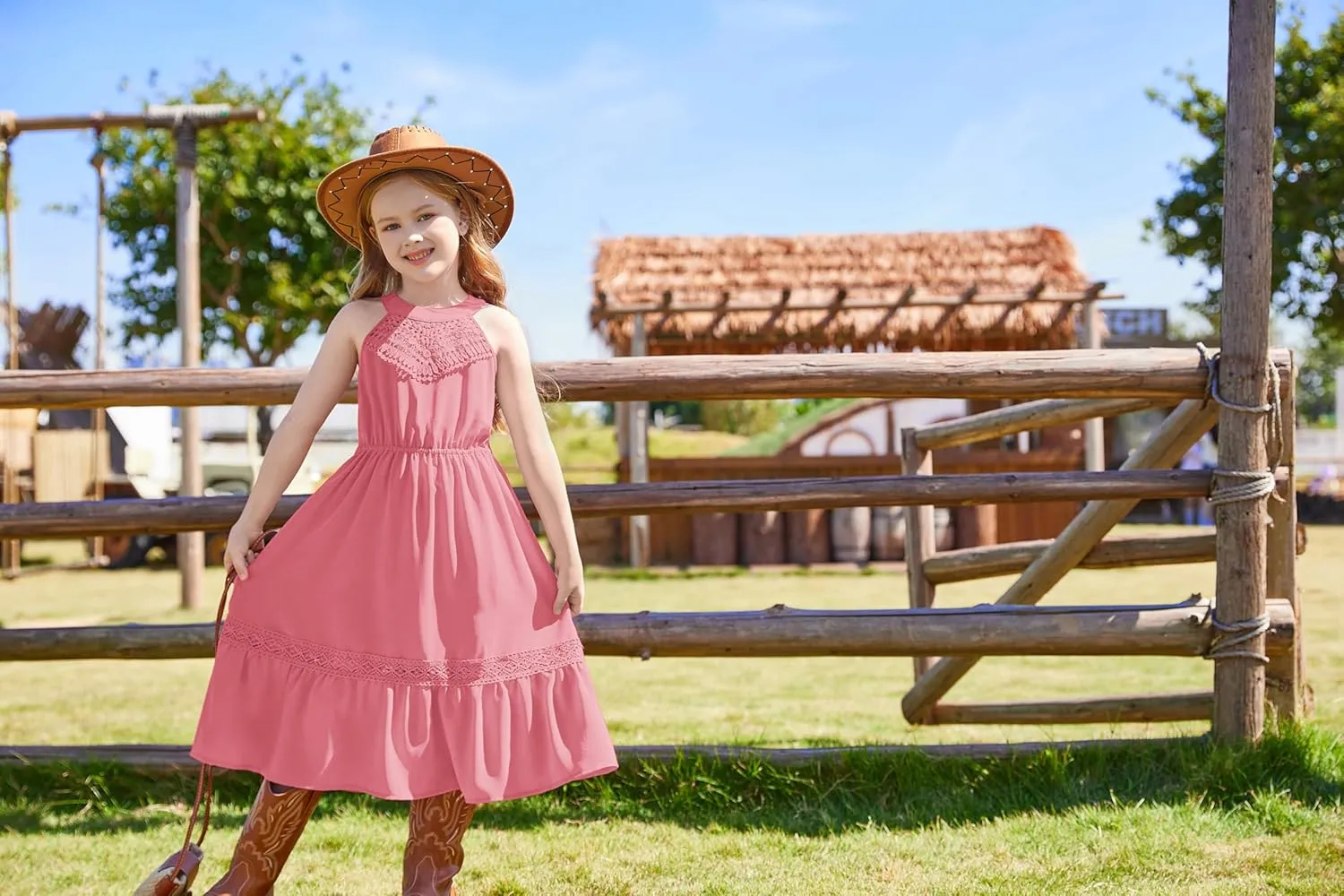 GRACE KARIN Girls Dresses Summer Spring Halter Maxi Dress Kids Ruffle Casual Flower Pleated Sun Dress Size 5-14