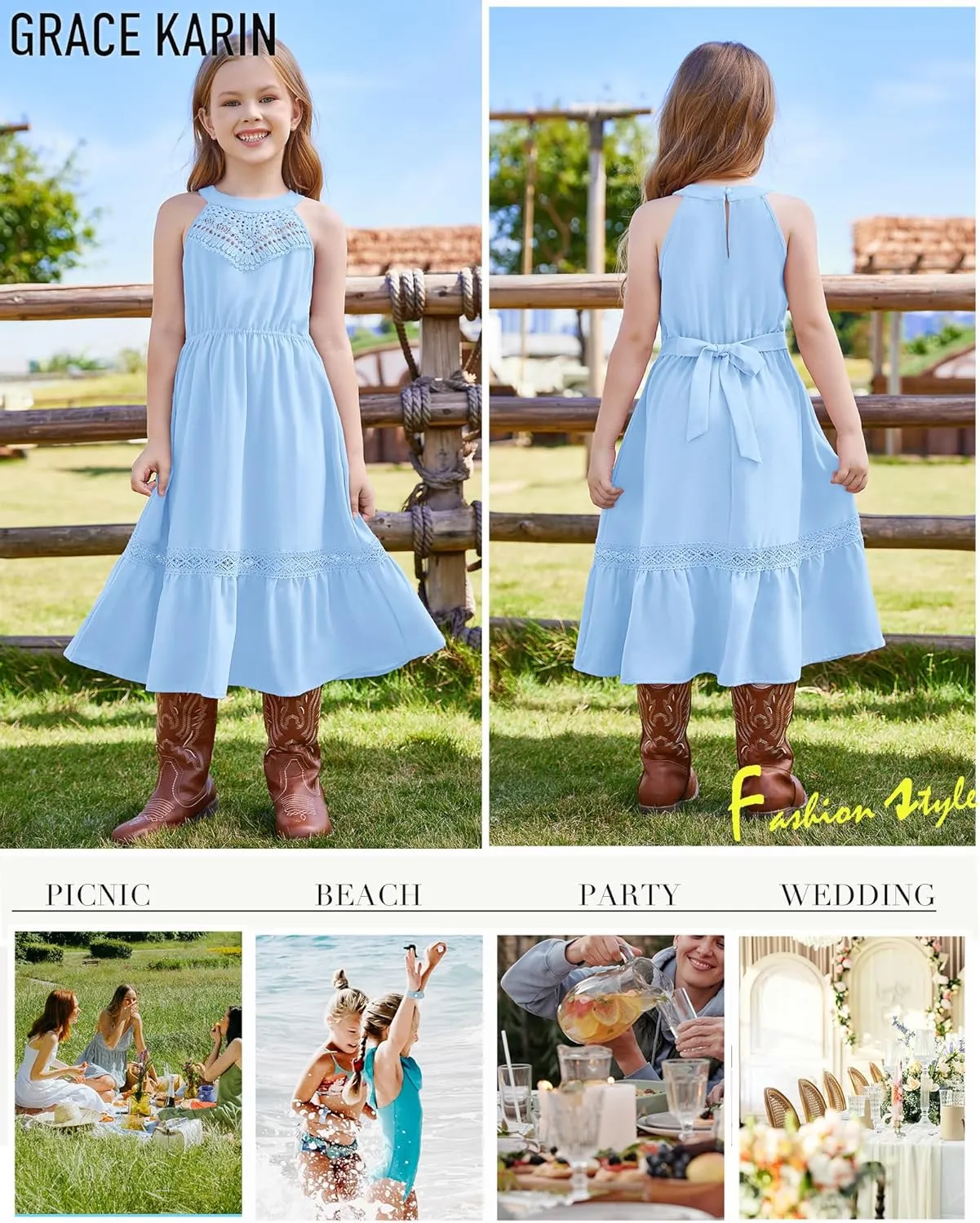 GRACE KARIN Girls Dresses Summer Spring Halter Maxi Dress Kids Ruffle Casual Flower Pleated Sun Dress Size 5-14