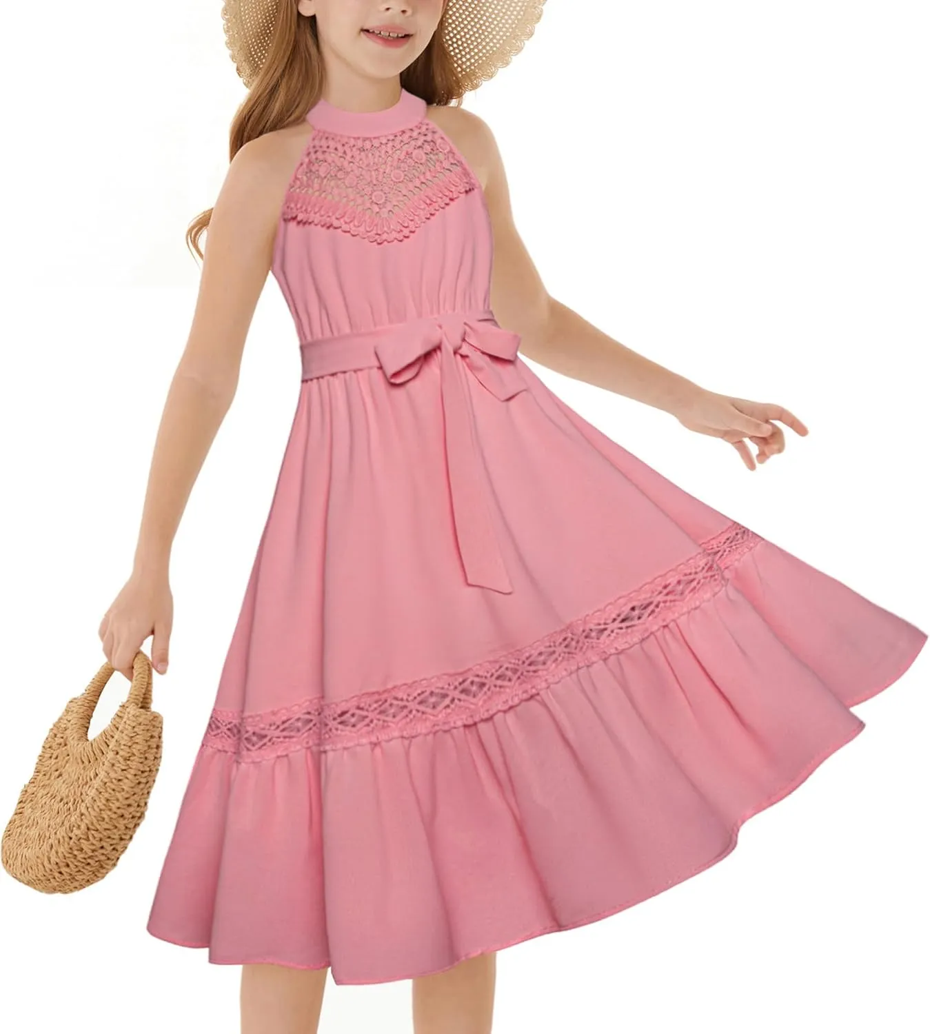 GRACE KARIN Girls Dresses Summer Spring Halter Maxi Dress Kids Ruffle Casual Flower Pleated Sun Dress Size 5-14