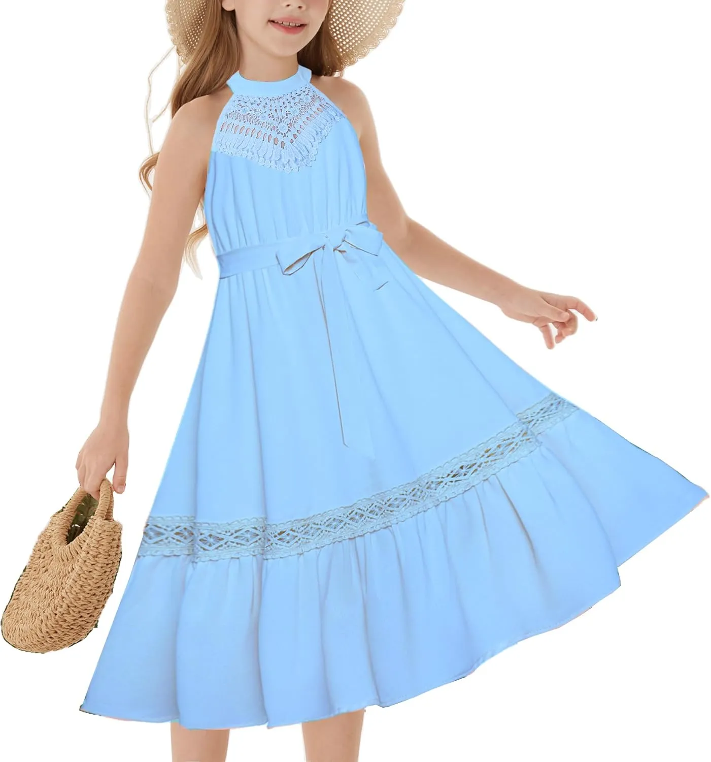 GRACE KARIN Girls Dresses Summer Spring Halter Maxi Dress Kids Ruffle Casual Flower Pleated Sun Dress Size 5-14