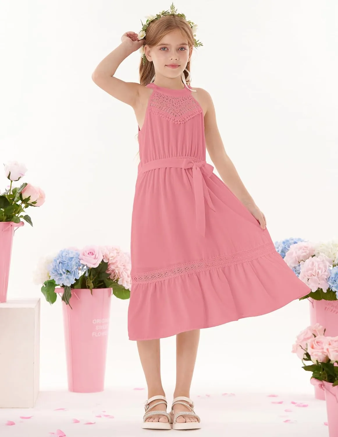 GRACE KARIN Girls Dresses Summer Spring Halter Maxi Dress Kids Ruffle Casual Flower Pleated Sun Dress Size 5-14